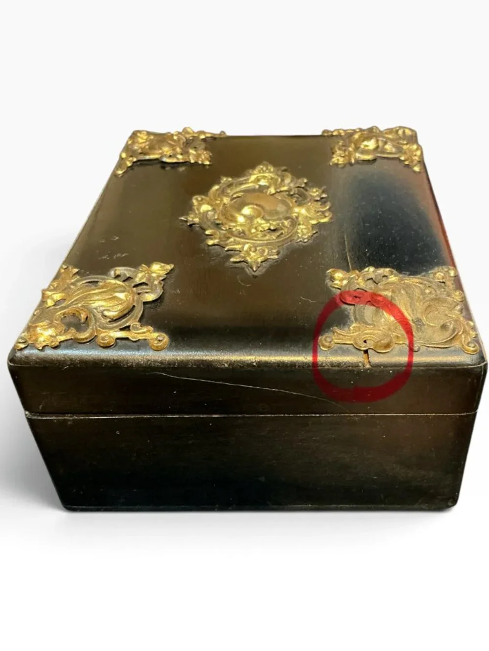 Antique C1900 Jewelry Casket Box Black Wood Brass Ormolu Red Satin Interior